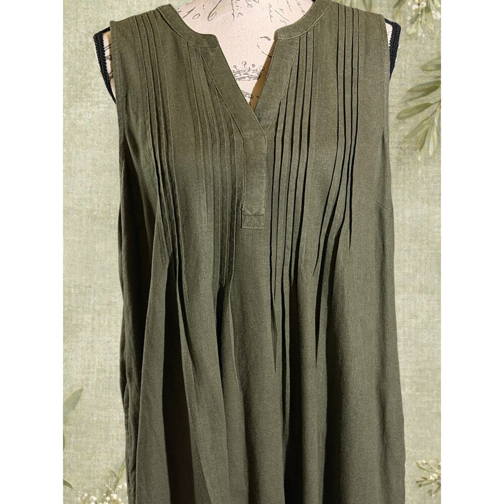 Sonoma Linen Blend Olive Sleeveless Dress L Pintuck Pockets Casual Artsy Midi - Picture 7 of 9